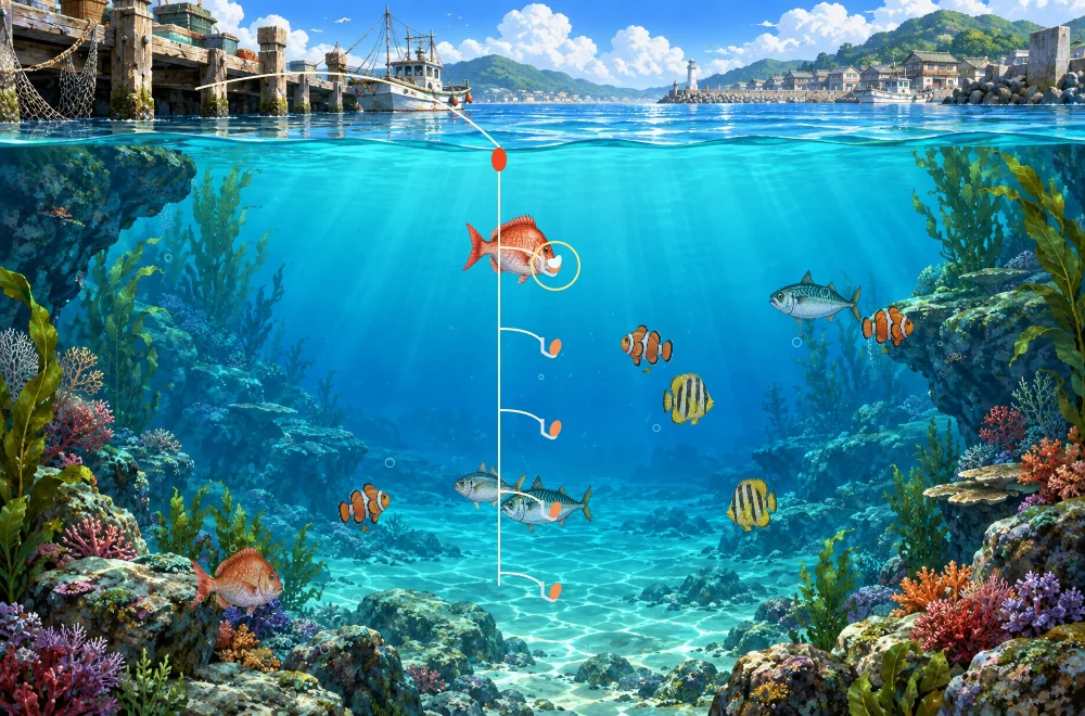 海中に複数の釣り針を垂らし、魚の食いつきを待つ実際のゲーム画面